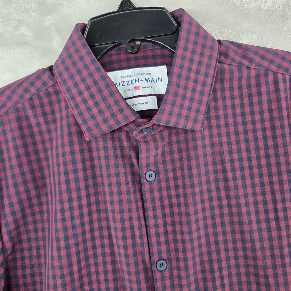 Mizzen+Main Dress Shirt Mens Large Burgundy Gingham Leeward Trim Fit Long Sleeve